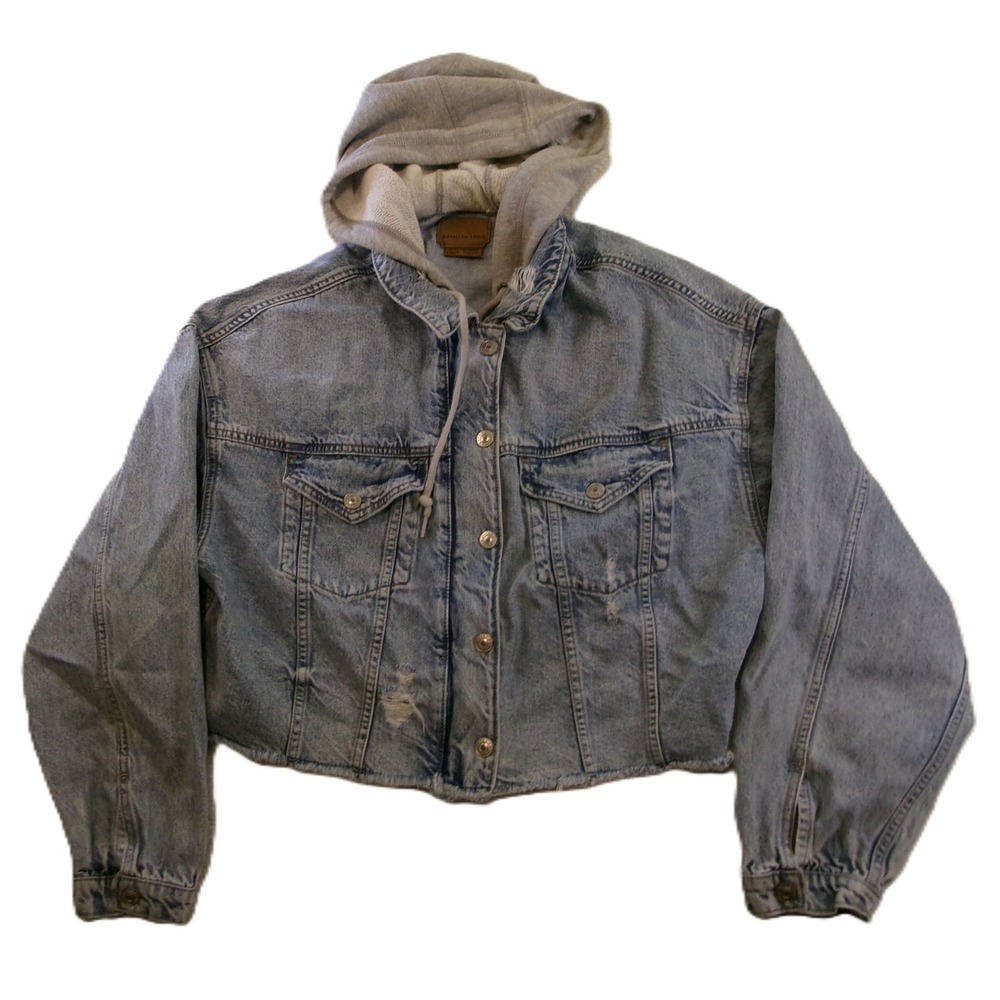 American Eagle Women Cropped Hooded Denim Jacket XL Light Wash Distressed Cotton